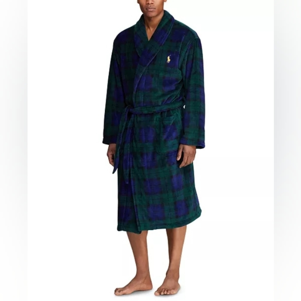 Polo By Ralph Lauren Black Watch Tartan Microfibre Fleece Lounge Robe, Like New